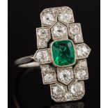 An Art Deco emerald and diamond rectangular plaque ring: with central cushion-shaped emerald