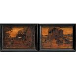 A pair of 18th century Continental straw work pictures: depicting figures outside a tavern,