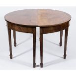 A pair of mahogany and inlaid half round side tables:, forming a dining table,