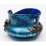 An iridescent pewter mounted glass bowl, probably Loetz:,