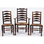 A harlequin set of eight early 19th Century elm, ash and beech curved ladderback dining chairs:,