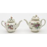 Two Worcester polychrome teapots and covers: one of fluted form with entwined branch handle,