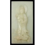 A Chinese jade rectangular plaque: carved to the centre with the figure of Guanyin holding a vase