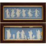 A pair of Wedgwood pale blue and white jasper plaques: of rectangular form,