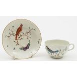 A Worcester tea cup and saucer painted in the workshops of James Giles: with a crested brown bird