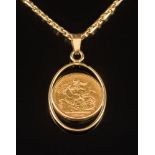 A Victorian sovereign pendant: the sovereign dated '1896' mounted within a wire frame stamped '750',