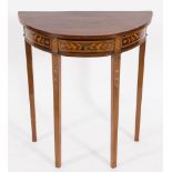 An Edwardian mahogany and floral marquetry half round pier table:, bordered with boxwood lines,