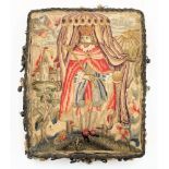 A Charles II silk needlework panel: depicting a monarch outside a tent with dove and sun behind,