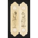 A pair of late 19th century French ivory and penwork door finger panels: of elongated cartouche