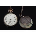 A silver open face keyless lever pocket watch: with attached curb-link watch chain and circular