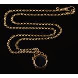 A 9ct gold belcher-link chain with attached hardstone fob:, 11gms gross weight.