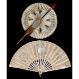 A late 19th century Italian Sorrento ware souvenir cockade fan: the paper leaf with printed floral