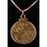 A half sovereign dated '1910' and mounted on fine-link chain: stamped '14K', 8.5gms gross weight.
