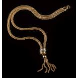 A 9ct gold necklace with diamond mounted, tassel drop: 39cm total length, 15gms gross weight.