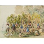 Manner of Thomas Uwins [19th Century]- The Hop Pickers:- watercolour over pencil 21 x 28cm