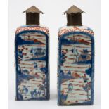 A pair of Chinese Imari square-section flasks: painted in underglaze blue,