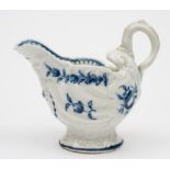 A Worcester blue and white 'dolphin' creamboat: with lamprey handle,