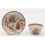 A rare Chinese 'East Indiamen' teabowl and saucer: painted with two merchantmen and rowing boats