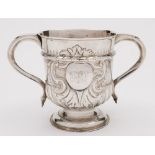 A George II two-handled cup, maker H M ? possibly High Mills, London 1749: initialled,