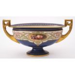 A Royal Worcester porcelain boat shaped vase: of twin handled form painted with a small panel of