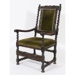 A 17th Century carved walnut and beechwood open armchair:, the upholstered panel back with shell,