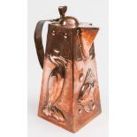 A Newlyn copper hot water jug: of square tapering form, with shallow domed hinged lid,