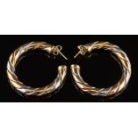 A pair of 18ct gold three colour, 'candy twist' design hoop earrings:, 36mm diameter, 21.