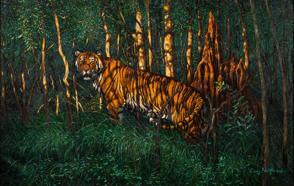 * Larry Norton [b.1963]- Tiger:- signed and dated 99 bottom right oil on canvas 43.5 x 69cm.
