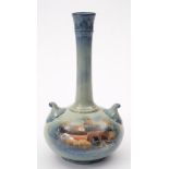 A George Jones Cyprian Ware vase: of squat form with slender raised neck and scroll handles