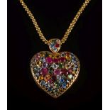 A 9ct gold and multi-coloured gemstone heart shaped pendant: 47mm wide,