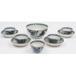 A set of four Lowestoft blue and white teabowls and saucers,