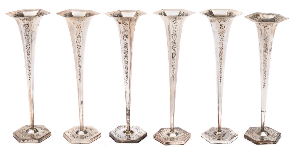 A set of three Edward VII silver specimen vases;, maker's mark worn, London,