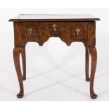 An early 18th century walnut and cross and feather banded rectangular side table:,