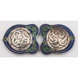 A pair of Arts and Crafts influenced blue and green enamelled buckles: unmarked ,