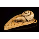 A Japanese carved ivory netsuke of a snail on a leaf: unsigned, 6cm. long.