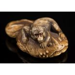 A Japanese carved ivory netsuke of a monkey soothing the god of earthquakes 'Namazu: signed