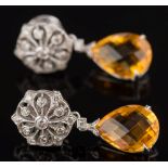 A pair of diamond and faceted citrine convertible drop earrings: each with a diamond-set,