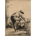 * Julius Komjati [Hungarian, 1894-1958]- A woodman gathering faggots:- etching,