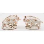 A pair of Torquay porcelain models of 'Derby' Florantine boars: with brown and grey markings and on