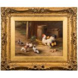 Edgar Hunt [1876-1953]- Mother hen, chicks and doves in the entrance to a barn:- signed and dated E.