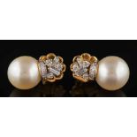 A pair of cultured pearl and diamond ear studs: each with a single cultured pearl 12.