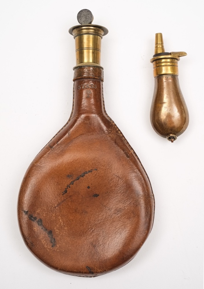 A small copper and brass pistol powder flask by Sykes:,