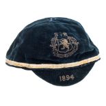 A Scottish League blue velvet International cap for Scotland Vs England 1894 presented to Jimmy