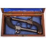 A pair of 19th century boxlock percussion cap pistols:, unsigned,