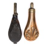 A copper and brass shot flask together with a leather shot flask:, both unsigned (2).