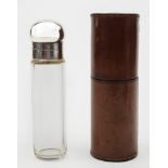 A late Victorian Asprey and Co silver mounted ting flask in leather case:,