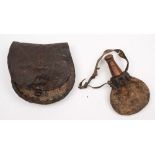 A Continental hide powder flask with treen spout together with a similar hide pouch:, (2).