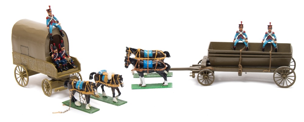A collection of handmade and hand painted Napoleonic French Artillery teams and supply wagons:,