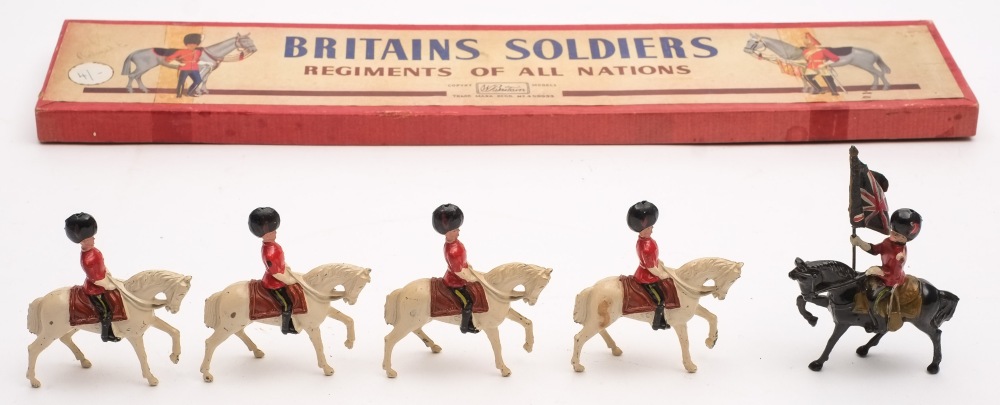 A set of six Guardsmen on horseback by J Hill & Co, England:, including standard bearer,