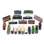 A collection of various trolley buses, coaches and double decker buses:, in various liveries,